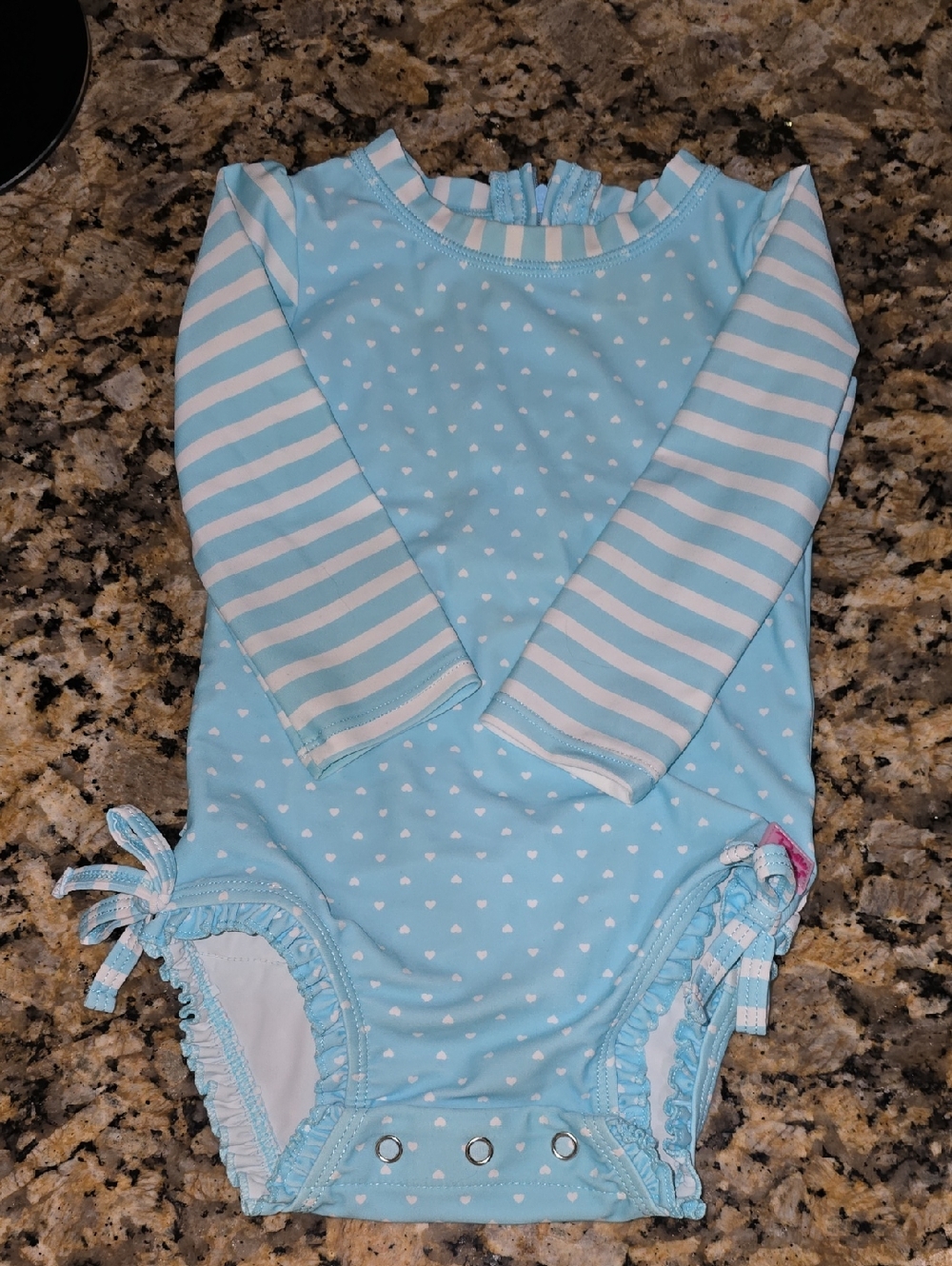 Ruffle Butts Light Blue & White Heart Stripe Long-Sleeve One-Piece